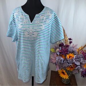 Alfred Dunner Striped Embellished V-Neck Tee Short Sleeve Top L